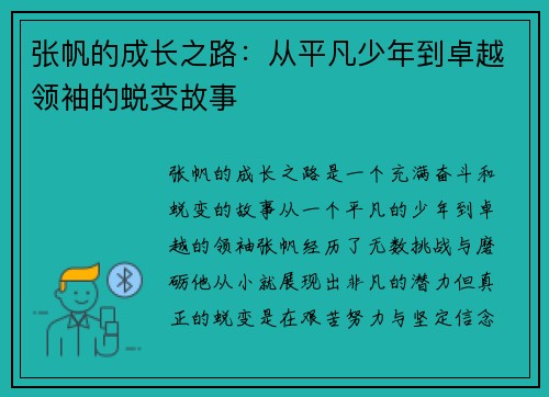 张帆的成长之路：从平凡少年到卓越领袖的蜕变故事